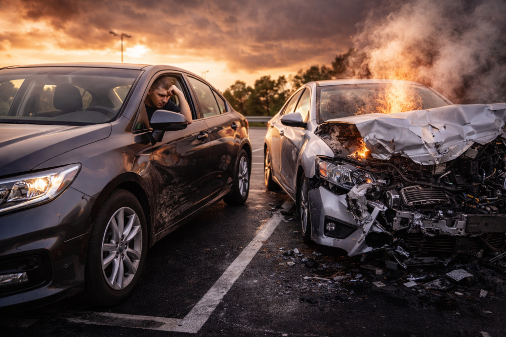 Seguro Todo Riesgo vs Terceros: Cuál Elegir Según Tu Coche (2026) 1 Escena realista de accidente: conductor preocupado en coche gris con daños leves junto a otro coche plateado con fuerte impacto frontal y humo, representando la comparación entre seguro a todo riesgo y seguro a terceros en 2026