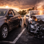 Escena realista de accidente: conductor preocupado en coche gris con daños leves junto a otro coche plateado con fuerte impacto frontal y humo, representando la comparación entre seguro a todo riesgo y seguro a terceros en 2026