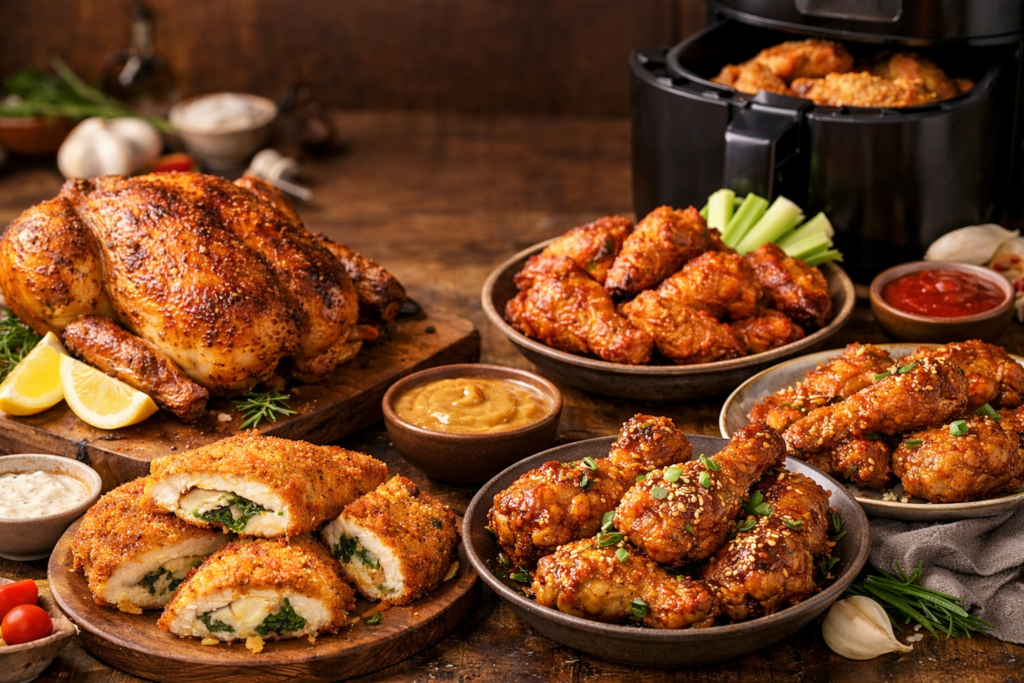 Variedad de platos de pollo cocinados en freidora de aire sobre una mesa rústica, incluyendo pollo asado entero, alitas buffalo, pechuga rellena empanizada y muslos glaseados, con salsas y una airfryer al fondo.