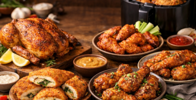 20 Recetas de Pollo en Freidora de Aire: Jugoso, Crujiente y Listo en Minutos 5 Variedad de platos de pollo cocinados en freidora de aire sobre una mesa rústica, incluyendo pollo asado entero, alitas buffalo, pechuga rellena empanizada y muslos glaseados, con salsas y una airfryer al fondo.