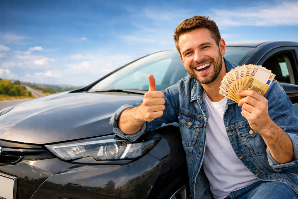 Hombre feliz junto a su coche mostrando billetes de euros tras ahorrar en su seguro de auto en España 2025