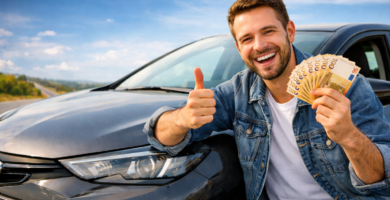 Hombre feliz junto a su coche mostrando billetes de euros tras ahorrar en su seguro de auto en España 2025
