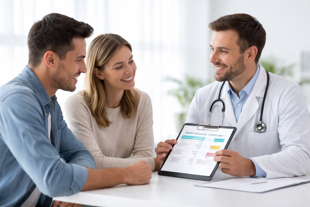 Pareja joven consultando con un médico sobre seguros de salud, revisando una comparativa en una tablet durante una cita médica en una clínica moderna