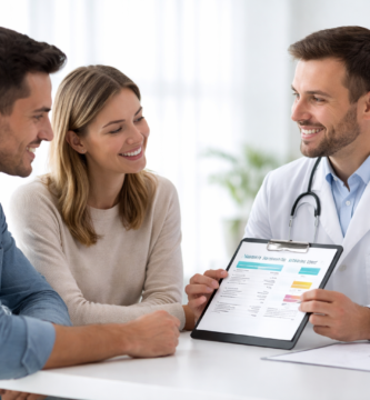 Pareja joven consultando con un médico sobre seguros de salud, revisando una comparativa en una tablet durante una cita médica en una clínica moderna
