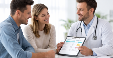 Sanitas vs Adeslas vs DKV: ¿Cuál es Mejor? Comparativa Real 2026 7 Pareja joven consultando con un médico sobre seguros de salud, revisando una comparativa en una tablet durante una cita médica en una clínica moderna