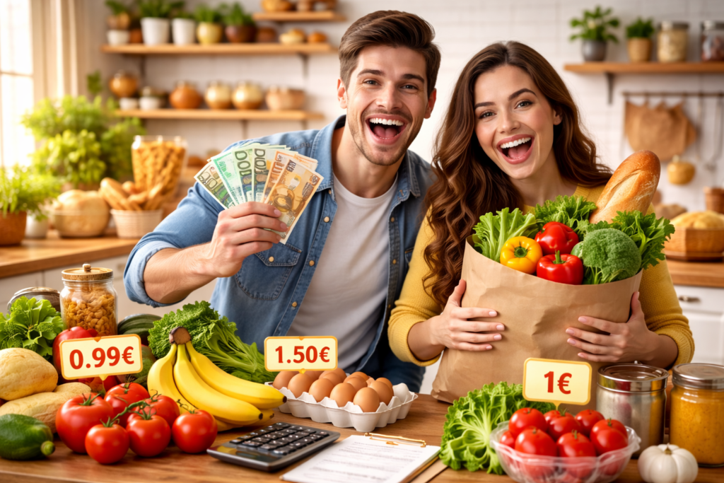 Hombre y mujer sonrientes en la cocina con verduras y frutas económicas sobre la mesa, mostrando una compra saludable y barata que ayuda a ahorrar dinero.