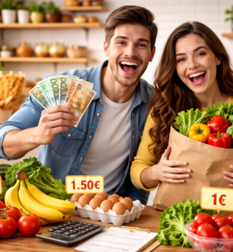 Hombre y mujer sonrientes en la cocina con verduras y frutas económicas sobre la mesa, mostrando una compra saludable y barata que ayuda a ahorrar dinero.