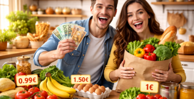 Cómo Gastar Menos en Comida: 12 Cambios que Ahorran 200€/Mes (Sin Comer Peor) 4 Hombre y mujer sonrientes en la cocina con verduras y frutas económicas sobre la mesa, mostrando una compra saludable y barata que ayuda a ahorrar dinero.