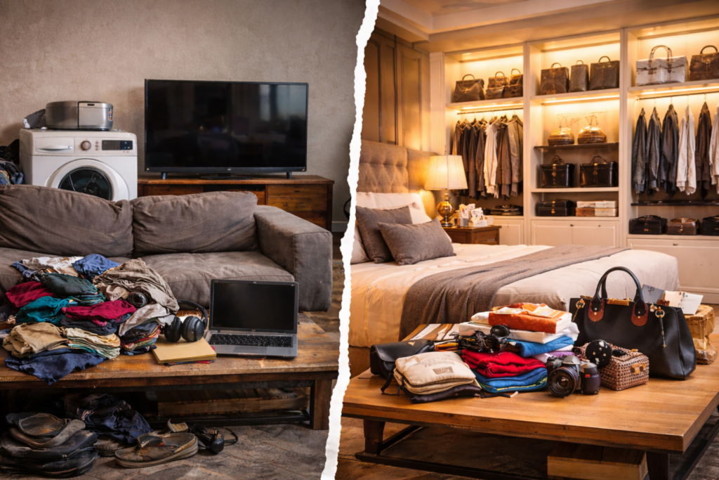 Imagen comparativa entre un hogar modesto con objetos cotidianos y un dormitorio de lujo con artículos de alto valor, resaltando la diferencia entre contenido real y valor asegurado ficticio.