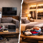 Imagen comparativa entre un hogar modesto con objetos cotidianos y un dormitorio de lujo con artículos de alto valor, resaltando la diferencia entre contenido real y valor asegurado ficticio.