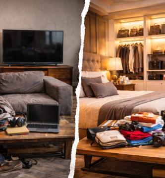 Imagen comparativa entre un hogar modesto con objetos cotidianos y un dormitorio de lujo con artículos de alto valor, resaltando la diferencia entre contenido real y valor asegurado ficticio.