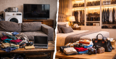 Imagen comparativa entre un hogar modesto con objetos cotidianos y un dormitorio de lujo con artículos de alto valor, resaltando la diferencia entre contenido real y valor asegurado ficticio.