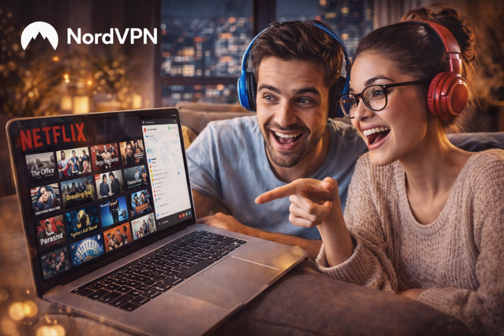 Pareja joven viendo contenido en streaming desde un portátil, representando acceso global a Netflix usando una VPN