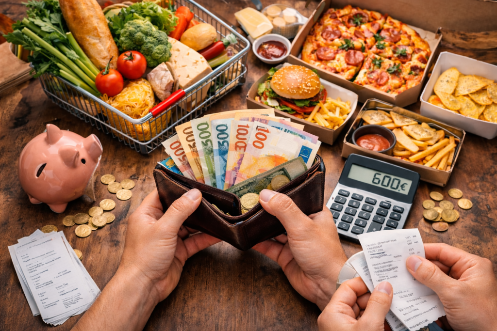 El Secreto de las Familias Que Gastan Menos de 300€/Mes en Comida (Y Nadie Te Cuenta) 1 Vista cenital de alimentos básicos y una persona calculando un presupuesto con calculadora y libreta.