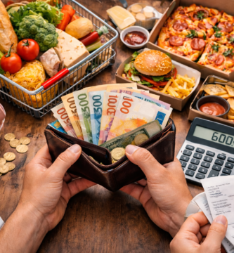 Vista cenital de alimentos básicos y una persona calculando un presupuesto con calculadora y libreta.