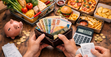 El Secreto de las Familias Que Gastan Menos de 300€/Mes en Comida (Y Nadie Te Cuenta) 5 Vista cenital de alimentos básicos y una persona calculando un presupuesto con calculadora y libreta.