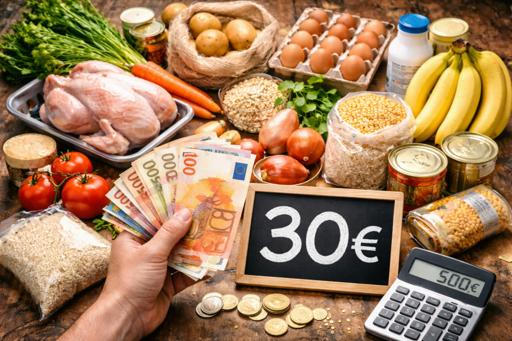 Mesa repleta de alimentos básicos como pollo, huevos, arroz, legumbres, plátanos y verduras, con una mano sosteniendo billetes de euro y una pizarra que muestra “30€” junto a una calculadora, simbolizando una compra semanal económica y equilibrada.