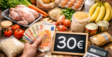 Esta Lista de 30€ Alimenta a Una Familia Completa Durante 7 Días (El Supermercado Que No Conocías) 16 Mesa repleta de alimentos básicos como pollo, huevos, arroz, legumbres, plátanos y verduras, con una mano sosteniendo billetes de euro y una pizarra que muestra “30€” junto a una calculadora, simbolizando una compra semanal económica y equilibrada.