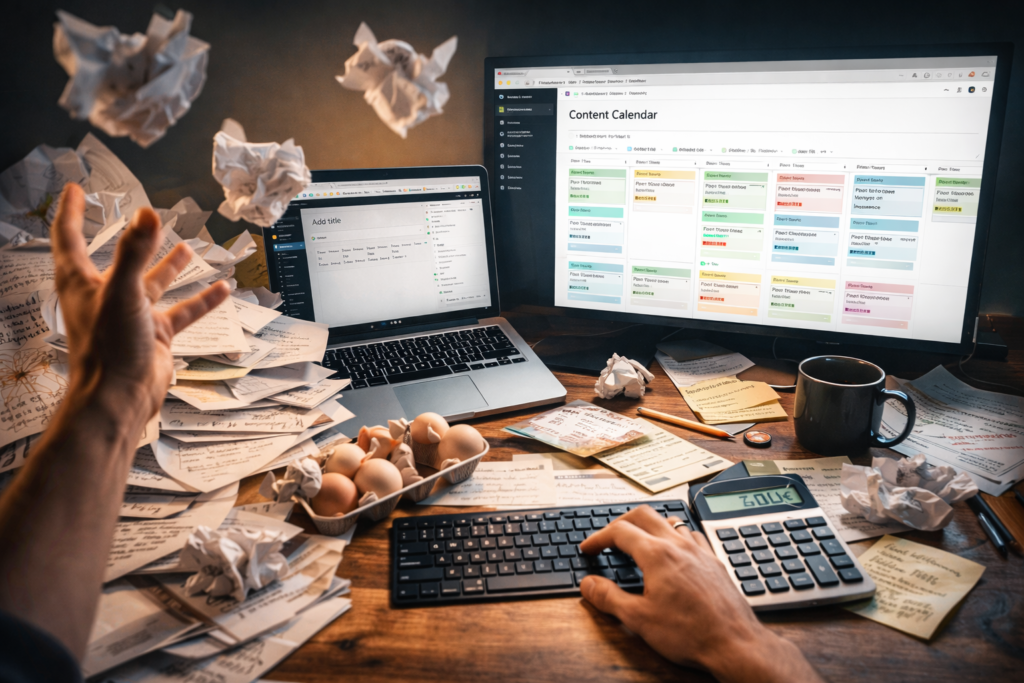 Escritorio de blogger dividido entre caos y productividad: papeles desordenados y pantalla de WordPress sin publicar, frente a un monitor con calendario editorial en Notion, simbolizando el contraste entre desorganización y sistema optimizado.