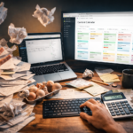 Escritorio de blogger dividido entre caos y productividad: papeles desordenados y pantalla de WordPress sin publicar, frente a un monitor con calendario editorial en Notion, simbolizando el contraste entre desorganización y sistema optimizado.