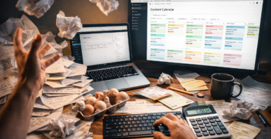 Escritorio de blogger dividido entre caos y productividad: papeles desordenados y pantalla de WordPress sin publicar, frente a un monitor con calendario editorial en Notion, simbolizando el contraste entre desorganización y sistema optimizado.