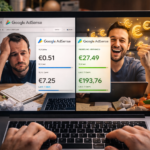 Imagen de un portátil mostrando dos paneles de rendimiento de AdSense — ingresos bajos frente a altos — rodeado de ingredientes de cocina y notas de recetas, simbolizando la diferencia entre contenido de recetas genérico y contenido optimizado para mayor ingreso publicitario.