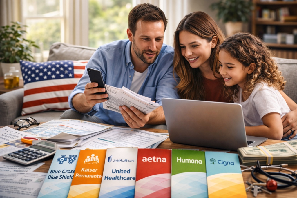 Interior de un hogar moderno con una familia revisando documentos y usando una laptop juntos en el sofá, reflejando revisión de seguros médicos en un entorno realista y cotidiano en EE.UU.