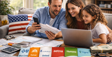 Interior de un hogar moderno con una familia revisando documentos y usando una laptop juntos en el sofá, reflejando revisión de seguros médicos en un entorno realista y cotidiano en EE.UU.