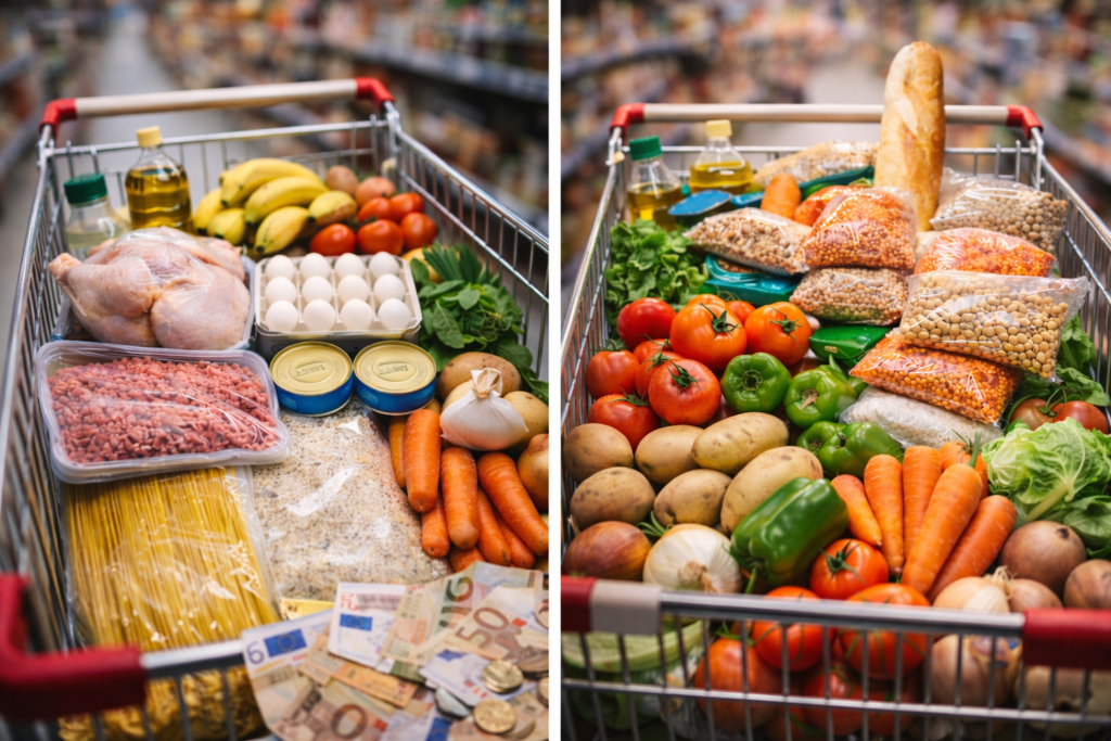 Carrito de supermercado lleno de alimentos básicos (verduras, huevos, arroz y legumbres) en un pasillo de tienda, representando una compra eficiente y económica de 50 € para toda la semana.