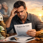 Hombre preocupado revisando una póliza de seguro de vida, rodeado de símbolos de ahorro y gastos, como una casa, una alcancía, dinero en efectivo y una playa paradisíaca al fondo.