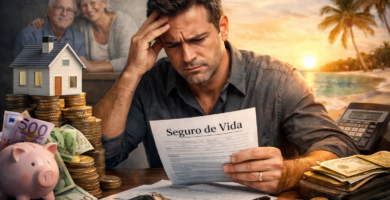 Hombre preocupado revisando una póliza de seguro de vida, rodeado de símbolos de ahorro y gastos, como una casa, una alcancía, dinero en efectivo y una playa paradisíaca al fondo.