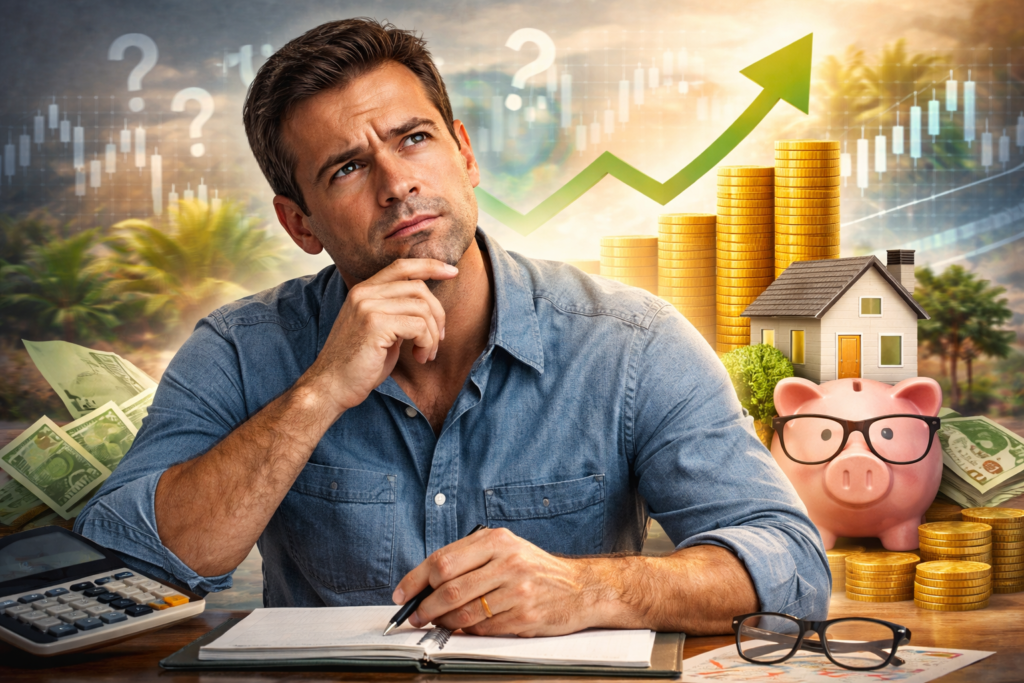 Hombre pensativo frente a una libreta, rodeado de íconos financieros como monedas, una casa, una alcancía y gráficas bursátiles, representando la reflexión sobre decisiones de inversión.