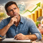 Hombre pensativo frente a una libreta, rodeado de íconos financieros como monedas, una casa, una alcancía y gráficas bursátiles, representando la reflexión sobre decisiones de inversión.