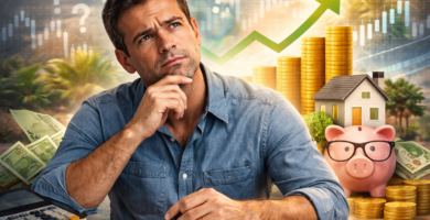 Hombre pensativo frente a una libreta, rodeado de íconos financieros como monedas, una casa, una alcancía y gráficas bursátiles, representando la reflexión sobre decisiones de inversión.