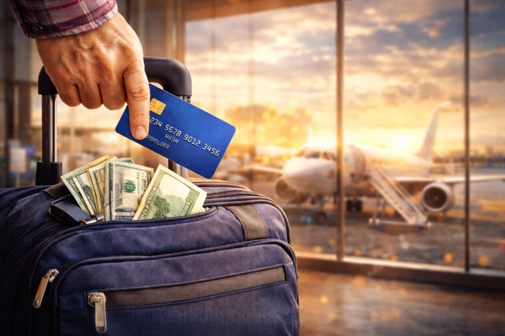 Tu Tarjeta Ya Tiene Seguro de Viaje Gratis (Y Pagas Otro de 60€) 1 Mano sosteniendo una tarjeta de crédito frente a una maleta con billetes visibles, en un aeropuerto al atardecer con un avión en segundo plano.
