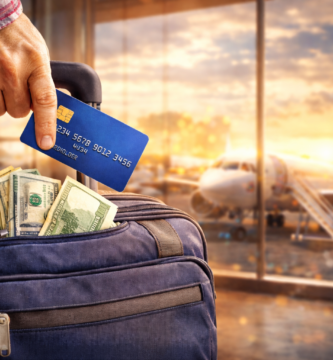 Mano sosteniendo una tarjeta de crédito frente a una maleta con billetes visibles, en un aeropuerto al atardecer con un avión en segundo plano.