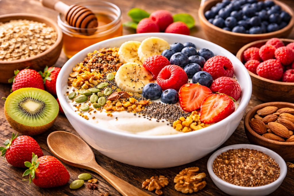 Este Es El Desayuno Que Me Cambió La Vida (Y Solo Toma 5 Minutos Prepararlo) 1 Bowl de yogur con frutas frescas, semillas y granola, rodeado de ingredientes naturales como kiwi, fresas, almendras, avena y miel sobre una mesa de madera.