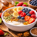 Bowl de yogur con frutas frescas, semillas y granola, rodeado de ingredientes naturales como kiwi, fresas, almendras, avena y miel sobre una mesa de madera.