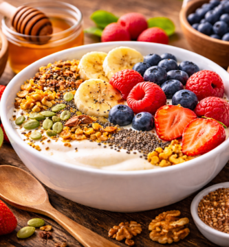 Bowl de yogur con frutas frescas, semillas y granola, rodeado de ingredientes naturales como kiwi, fresas, almendras, avena y miel sobre una mesa de madera.