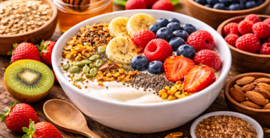 Bowl de yogur con frutas frescas, semillas y granola, rodeado de ingredientes naturales como kiwi, fresas, almendras, avena y miel sobre una mesa de madera.