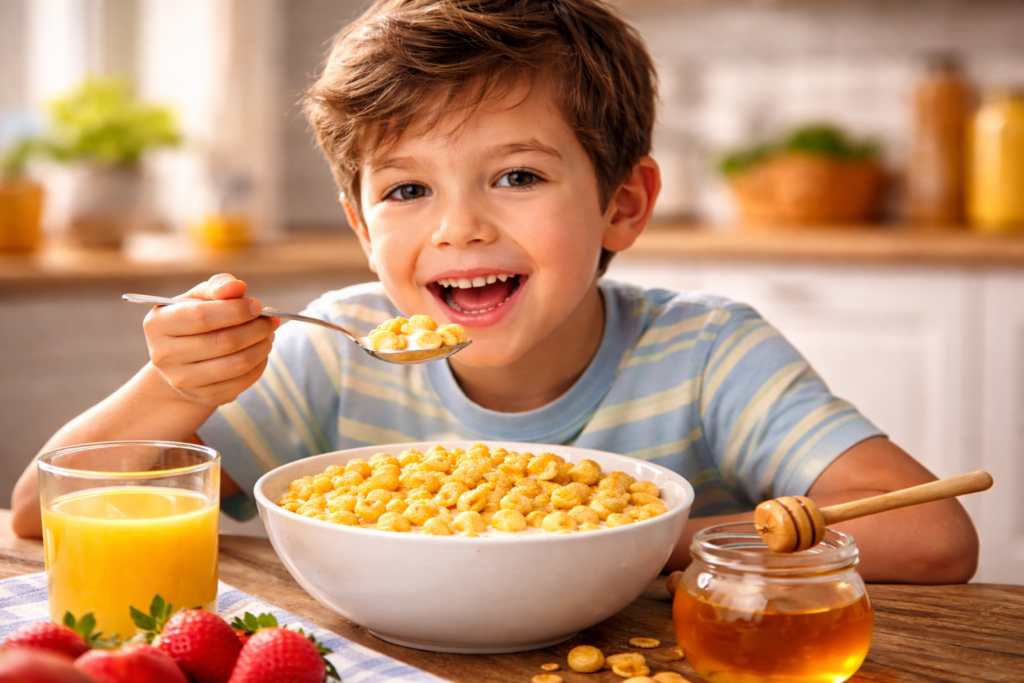 La Receta Que Hace Que Los Niños Coman Verduras Sin Protestar (Y Piden Más) 2 Niño feliz desayunando cereales dorados con leche, acompañado de zumo de naranja, miel y frutas frescas sobre una mesa de cocina iluminada.