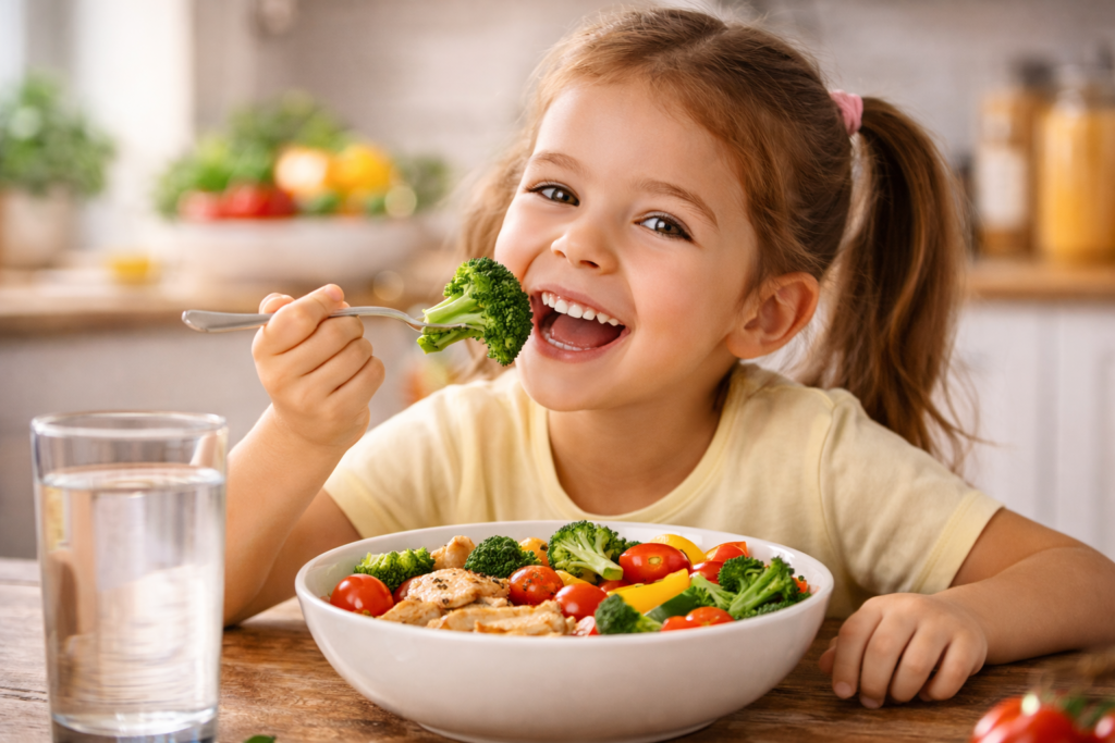 La Receta Que Hace Que Los Niños Coman Verduras Sin Protestar (Y Piden Más) 1 Niña sonriente disfrutando un plato de verduras frescas con brócoli, tomates cherry y pollo, en una cocina iluminada y acogedora.