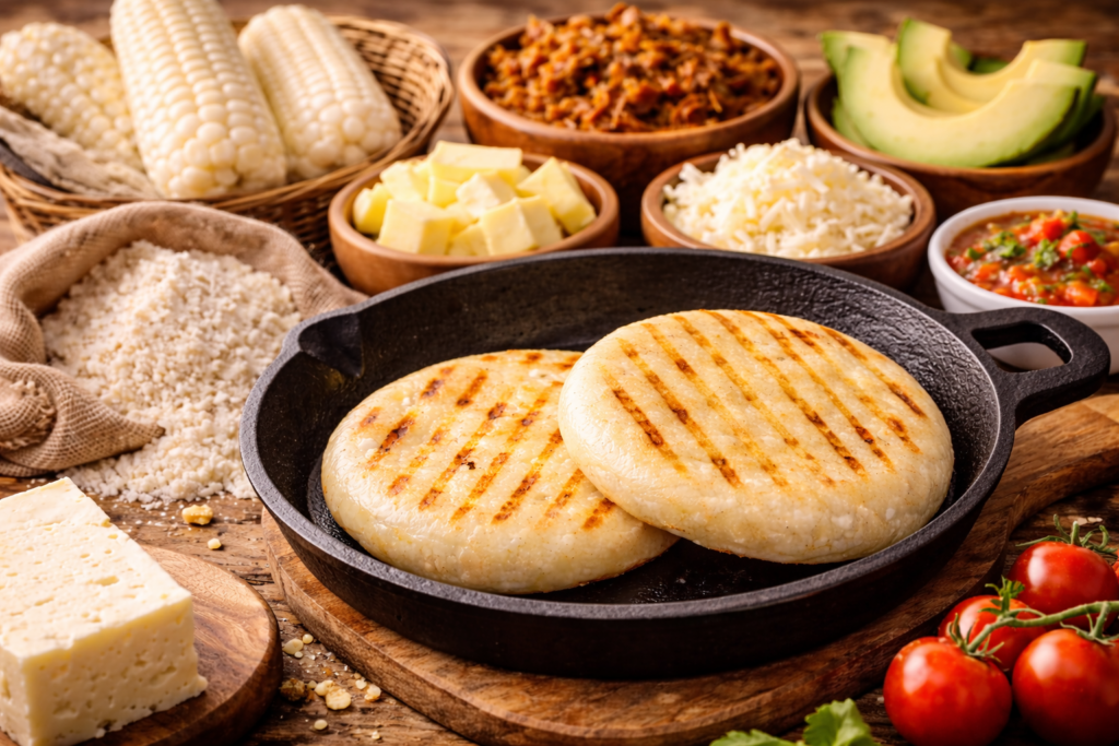 Primer plano de dos arepas doradas con marcas de parrilla en sartén de hierro, rodeadas de ingredientes como queso, aguacate, carne desmechada y salsa sobre mesa rústica.