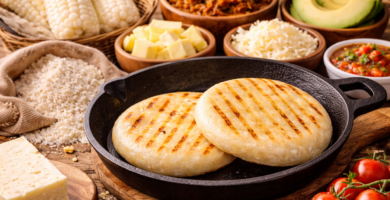 Primer plano de dos arepas doradas con marcas de parrilla en sartén de hierro, rodeadas de ingredientes como queso, aguacate, carne desmechada y salsa sobre mesa rústica.