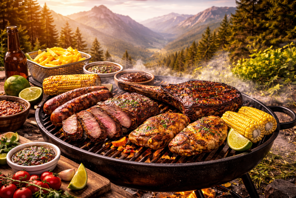 Parrilla encendida con cortes de carne jugosa, chorizos, pollo y mazorcas, en una montaña rodeada de pinos con vista panorámica al valle y sol dorado de fondo.