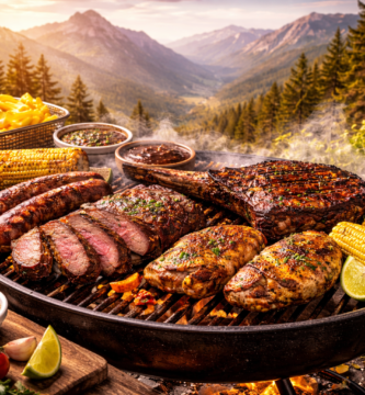 Parrilla encendida con cortes de carne jugosa, chorizos, pollo y mazorcas, en una montaña rodeada de pinos con vista panorámica al valle y sol dorado de fondo.