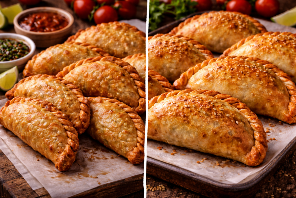 Comparativa visual de empanadas crujientes fritas a la izquierda y empanadas al horno doradas con sésamo a la derecha, sobre bandejas rústicas de madera y papel.