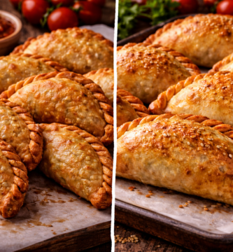 La Gran Controversia: ¿Las Empanadas Son Mejores Fritas O Al Horno? 2 Comparativa visual de empanadas crujientes fritas a la izquierda y empanadas al horno doradas con sésamo a la derecha, sobre bandejas rústicas de madera y papel.