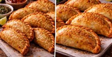 Comparativa visual de empanadas crujientes fritas a la izquierda y empanadas al horno doradas con sésamo a la derecha, sobre bandejas rústicas de madera y papel.