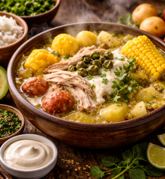 El Plato Colombiano Que Conquistó A Mi Suegra Española (Ahora Es Su Favorito) 1 Bowl de ajiaco colombiano con papas, pollo desmechado, maíz, alcaparras y crema, humeando intensamente, rodeado de aguacate, arroz, cilantro, lima y salsas sobre mesa rústica.